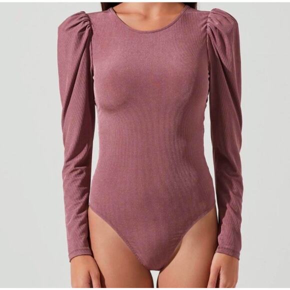 ASTR Tie Back Bodysuit Medium Strappy Cut Out Puff Shoulder Long Sleeve Mauve - Picture 11 of 11
